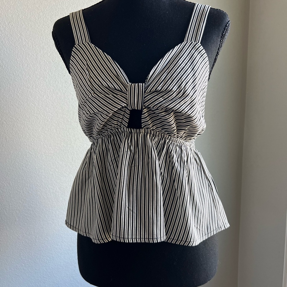 Monteau Black and White Striped Peplum Tank Top